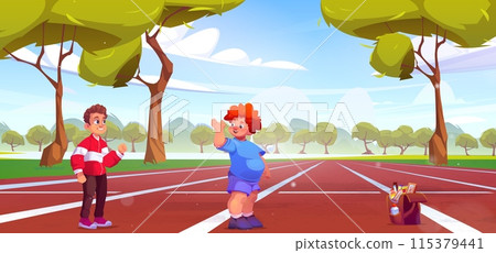 Slim boy supporting overweight friend at stadium 115379441