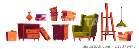 Old art studio furniture set isolated on white 115379475