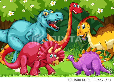 Colorful Dinosaur Friends in Forest 115379524