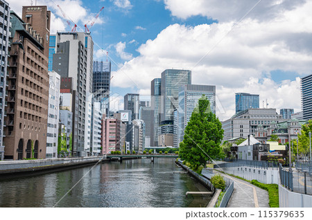 Nakanoshima Park and the skyscrapers of central Osaka seen from Naniwabashi Bridge 115379635