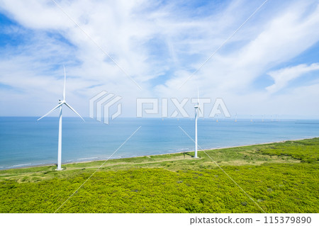 Windmills on the sea (aerial view) 115379890