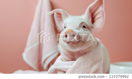 Adorable spa pig: cute and pampered pig enjoying relaxing spa treatments, a charming and delightful scene of animal wellness and indulgence, perfect for showcasing relaxation and cuteness Adorable spa pig: cute and pampered pig enjoying relaxing spa treatments, a charming and delightful scene of animal wellness and indulgence, perfect for showcasing relaxation and cuteness 115379992
