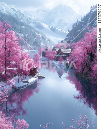 Blossoming beauty: enchanting cherry trees in full bloom, painting the landscape with vibrant hues of pink and white, creating a stunning display of natural elegance and springtime charm 115379997