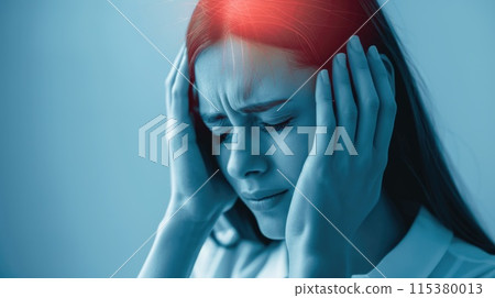 Headache, agony discomfort and migraine with effective treatment, stress relief, lifestyle adjustments for improved health and well-being, solution for symptom relief and comfor pulsating character 115380013