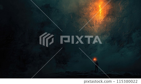 Seeking truth: persona with torch embarks on quest in dark space, symbolizing exploration, discovery, and enlightenment in the pursuit of knowledge and understanding 115380022