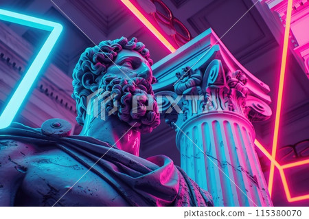 Psychedelic visual trends: surreal antique greek god sculpture, roman column, statues, vibrant neon colors, creating a mesmerizing and avant-garde fusion of past and present 115380070