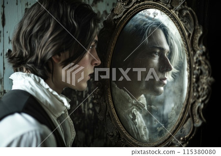 The enigmatic young man, poised beside his aging portrait, sparks a mystical tale of eternal charm and hidden enigma, painting concealing his aging years, wrapped in an enigmatic shroud of mystery. 115380080