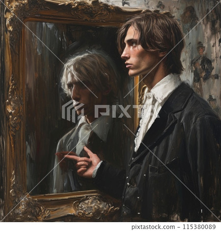 Young man standing next to his aging portrait: the mystique of the composition, where the painting conceals his old years, enabling him to endure in eternal youthfulness, Young man standing next to his aging portrait: the mystique of the composition, where the painting conceals his old years, enabling him to endure in eternal youthfulness, 115380089