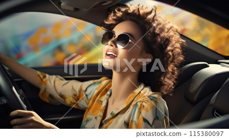 Road-ready charm: an handsome woman behind the wheel of car - showcasing the allure and capability of a woman in control of her vehicle, radiating confidence and chic on the highway. 115380097