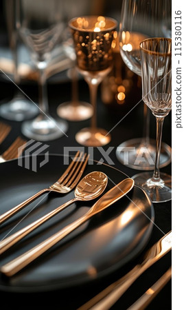 Dining essentials cutlery with a knife, spoon, and fork - stylish, functional, and timeless tools for the culinary enthusiast and modern table settings. 115380116