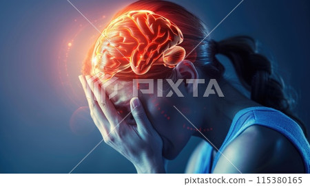 Headache, agony discomfort and migraine with effective treatment, stress relief, lifestyle adjustments for improved health and well-being, solution for symptom relief and comfor pulsating character 115380165