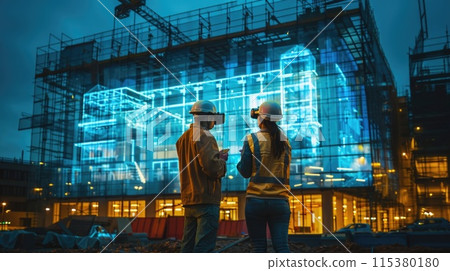 Engineers of the future, hologram projection displays tablets, showcasing innovative technology and automotivation, inspiring next-generation inventors and creators in STEM fields 115380180