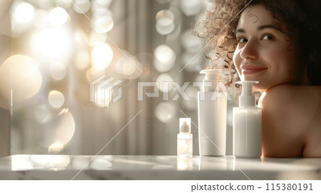 Spa treatments: lotions, creams, wellness supplies, beautiful items with bottles mockup for banner, copy space, showcasing luxurious skincare and relaxation products in elegant presentations. 115380191