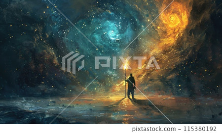 Seeking truth: persona with torch embarks on quest in dark space, symbolizing exploration, discovery, and enlightenment in the pursuit of knowledge and understanding 115380192