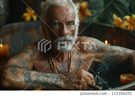 Serene spa indulgence, a glamorous older man luxuriates in a tranquil spa setting, embodying body and facial care, surrounded by health-enhancing lotions and wellness items for ultimate relaxation 115380205