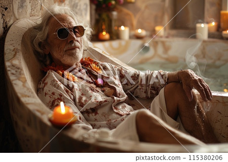 Serene spa indulgence, a glamorous older man luxuriates in a tranquil spa setting, embodying body and facial care, surrounded by health-enhancing lotions and wellness items for ultimate relaxation 115380206