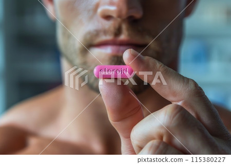 Man with an athletic physique holding steroids - portrayal of the potential risks and ethical considerations surrounding performance-enhancing substances in sports and fitness culture. 115380227