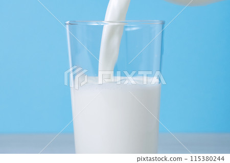 將牛奶倒入玻璃杯中。特寫圖像。 將牛奶倒入玻璃杯中。特寫圖像。 115380244