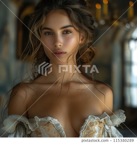 Elegant vintage: woman in baroque renaissance style clothing reminiscent of the victorian era, a timeless portrayal of grace and sophistication in historical fashion 19th century. 115380289