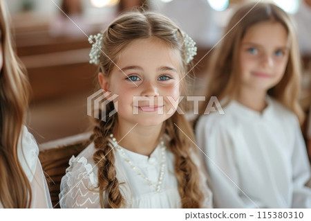 First communion joy - heartwarming moments of young believers in white dresses, celebrating this sacred Christian sacrament with faith, purity, spirit of spiritual growth in memorable church ceremony. 115380310