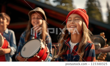 Portrait of a happy child immersed in a summer camp atmosphere filled with joy and fun 115380325
