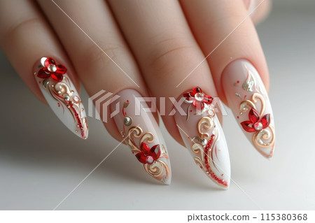 Nail art mastery: a captivating showcase of 3d three-dimensional elegance, featuring beautiful design adorning nails, blending creativity, style, intricate craftsmanship for a chic and trendy look. 115380368