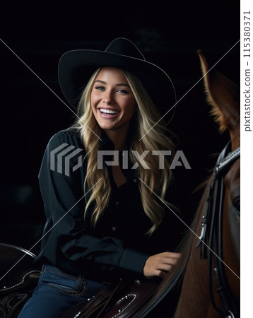 Elegant beauty of a cowgirl: grace meets grit, prairie echoes with the allure of a free-spirited, beautiful woman serene charm of a pretty girl, portrait of grace. 115380371