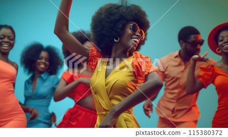 Nostalgic portraits black individuals 1960s early 1970s, soulful essence of young women in vibrant dresses, men grooving to jazz melodies, celebrating cultural vibrancy, resilience transformative era. Nostalgic portraits black individuals 1960s early 1970s, soulful essence of young women in vibrant dresses, men grooving to jazz melodies, celebrating cultural vibrancy, resilience transformative era. 115380372