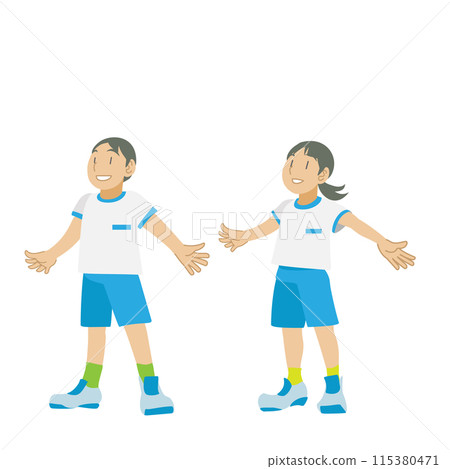 Illustration of elementary school children doing radio exercises Illustration of elementary school children doing radio exercises 115380471