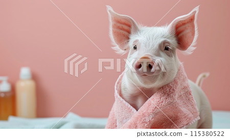 Adorable spa pig: cute and pampered pig enjoying relaxing spa treatments, a charming and delightful scene of animal wellness and indulgence, perfect for showcasing relaxation and cuteness Adorable spa pig: cute and pampered pig enjoying relaxing spa treatments, a charming and delightful scene of animal wellness and indulgence, perfect for showcasing relaxation and cuteness 115380522