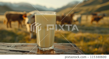 Pastoral charm abounds as a gentle cow grazes in lush meadow, accompanied by milk bottle and glass, an evocative portrayal of countryside serenity and wholesome dairy delights. Pastoral charm abounds as a gentle cow grazes in lush meadow, accompanied by milk bottle and glass, an evocative portrayal of countryside serenity and wholesome dairy delights. 115380600