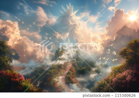 Paradise in Heaven: a unique concept central to religious teachings that depicts Kingdom of Heaven as a realm of eternal life and divine presence, bridging mortal existence and transcendent reality. 115380626