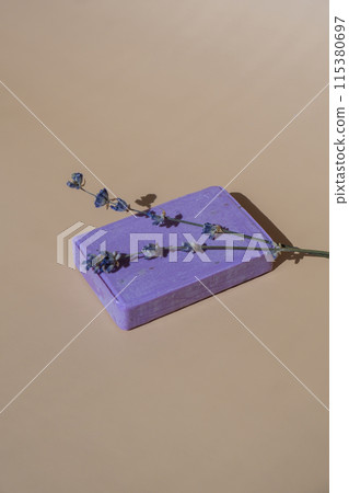Handcrafted purple lavender soap with lavender flowers. Natural hydrating moisturiser softness cosmetic. Organic calming beauty skincare product. Herbal self care wellness alternative soap Handcrafted purple lavender soap with lavender flowers. Natural hydrating moisturiser softness cosmetic. Organic calming beauty skincare product. Herbal self care wellness alternative soap 115380697