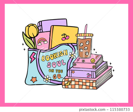 Retro Groovy bookish vibe books in bag vibrant and bold cartoon doodle drawing. 115380733