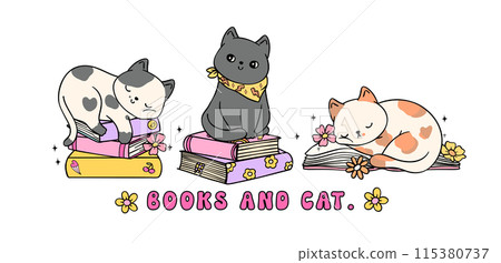 Cozy Book Vibe Retro Groovy books and cat banner vibrant and bold cartoon doodle drawing. 115380737