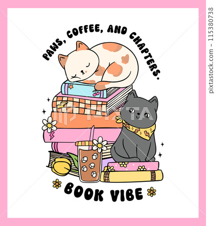 Retro Groovy book vibe with cat and iced coffee funny sticker vibrant and bold cartoon doodle drawing. Retro Groovy book vibe with cat and iced coffee funny sticker vibrant and bold cartoon doodle drawing. 115380738