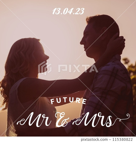 Celebrating love, a silhouette of a couple against a sunset, evoking romance and commitment Celebrating love, a silhouette of a couple against a sunset, evoking romance and commitment 115380822