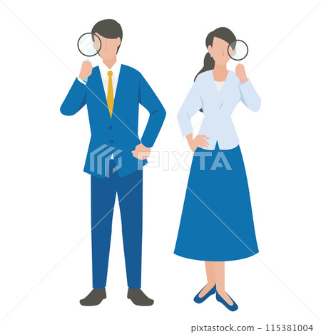 Male and female business people observing using a magnifying glass Male and female business people observing using a magnifying glass 115381004
