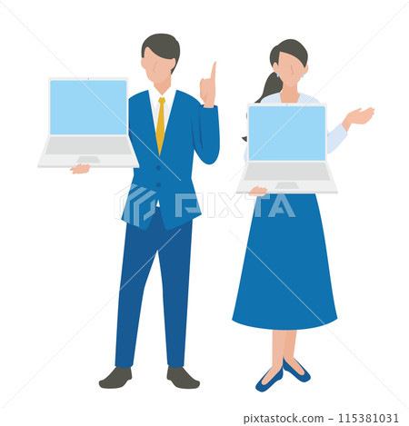 Male and female business people giving directions on a computer 115381031