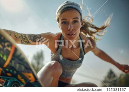 Female skateboarder - the fearless women carving their mark in the world of skateboarding, breaking stereotypes with every kickflip and grind. 115381167