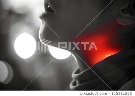 Person is experiencing a sore throat, depicting the discomfort and irritation of a throat ailment, medical attention for soothing relief and recovery, discomfort, colds disease virus bacteria 115381258