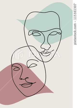 Card or poster with one single line drawing of female face and abstract shapes Card or poster with one single line drawing of female face and abstract shapes 115381307