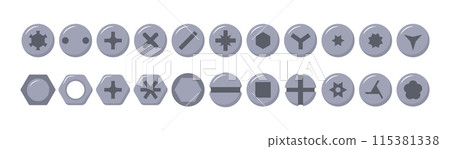 Set of metal screw heads. Stainless steel bolts. Silver nails and rivets. Top view. Vector illustration in flat style. Different hardware elements. Mechanic workshop icons 115381338