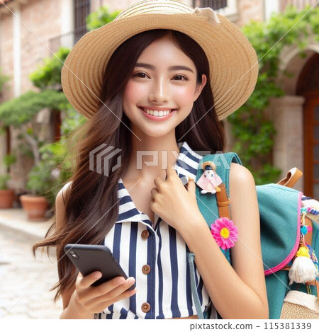 A young woman wearing a hat and carrying a smartphone and a backpack on a trip A young woman wearing a hat and carrying a smartphone and a backpack on a trip 115381339