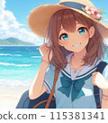 A high school girl wearing a hat standing with the sea in the background 115381341