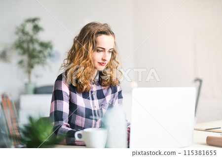Young businesswoman working on laptop in a startup company office. Working in co-working space. 115381655