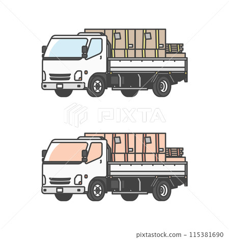 物流系列：2噸平板車滿載貨物待出貨插畫（彩色&單色） 115381690