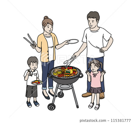 Illustration of a family cooking barbecue 115381777