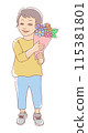 Illustration of a smiling child standing with a bouquet of flowers 115381801