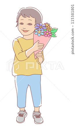 Illustration of a smiling child standing with a bouquet of flowers Illustration of a smiling child standing with a bouquet of flowers 115381801